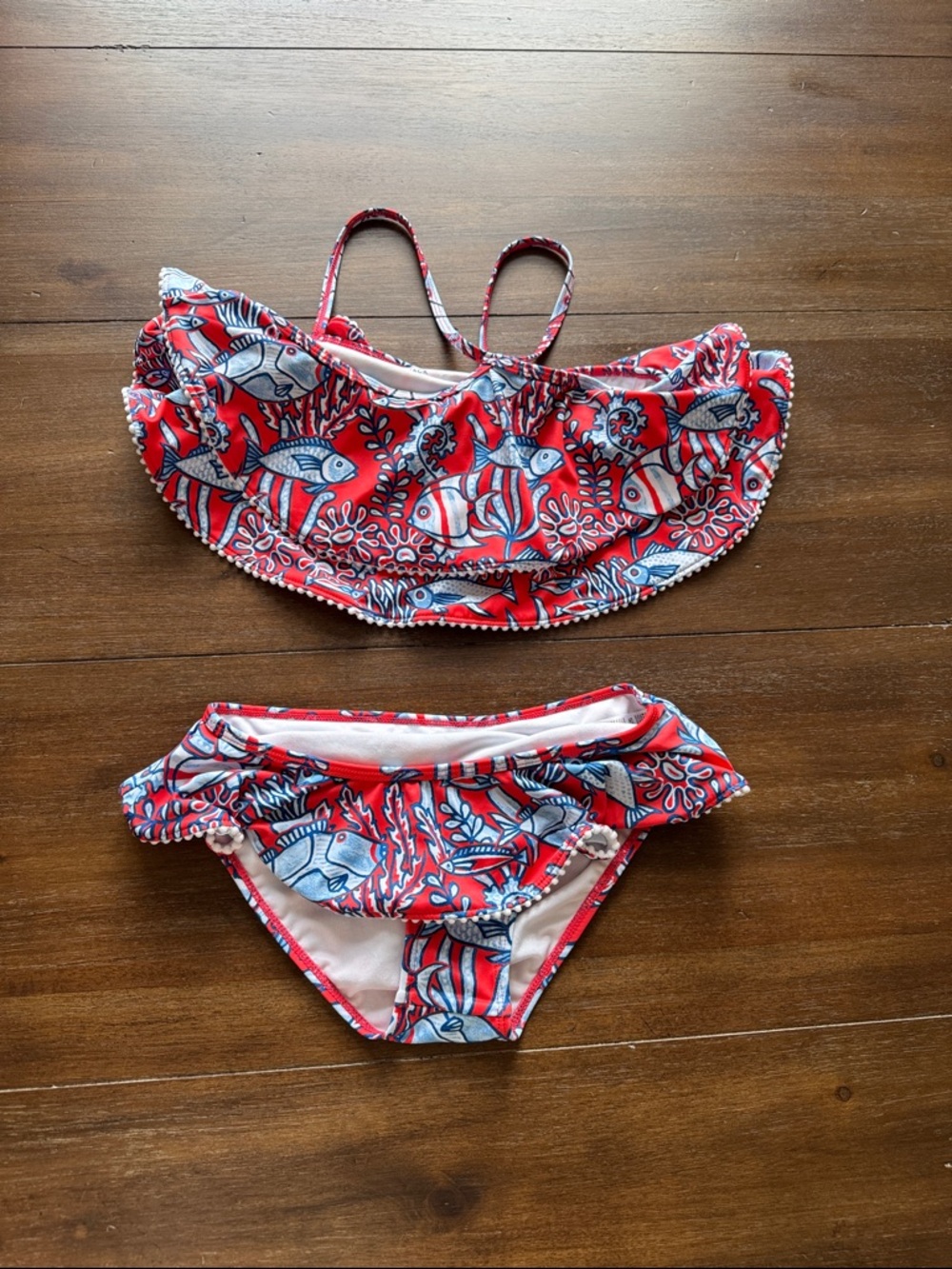 New Sz 10 Janie and Jack swimsuit bikini set halter top ruffles fish corals